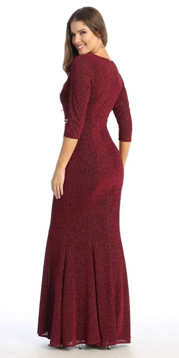 Celavie 6532-L Long Fitted Sheath Glitter Knit Dress V-Neckline