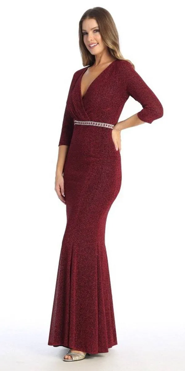 Celavie 6532-L Long Fitted Sheath Glitter Knit Dress V-Neckline