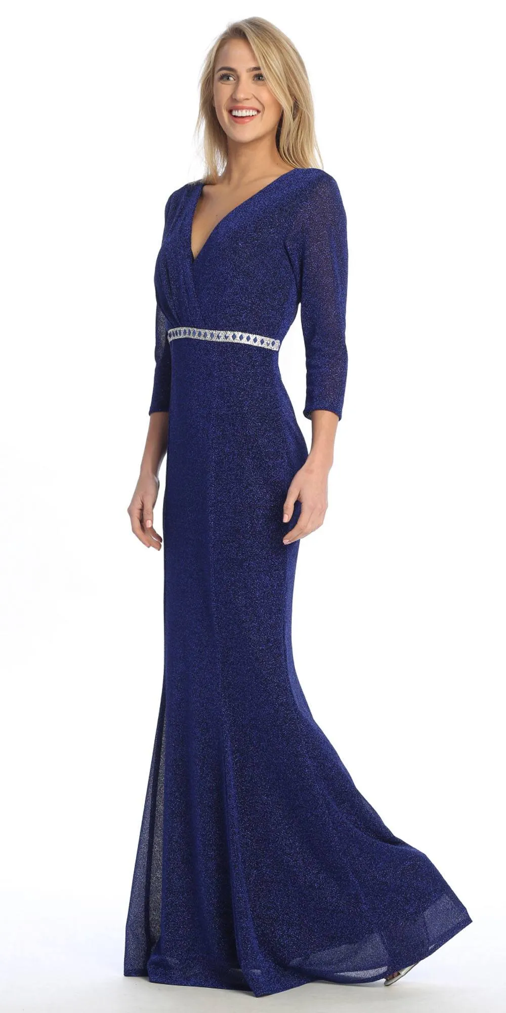 Celavie 6532-L Long Fitted Sheath Glitter Knit Dress V-Neckline