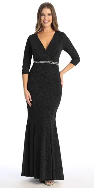 Celavie 6532-L Long Fitted Sheath Glitter Knit Dress V-Neckline