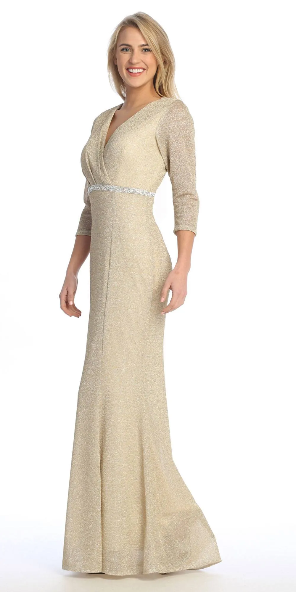 Celavie 6532-L Long Fitted Sheath Glitter Knit Dress V-Neckline