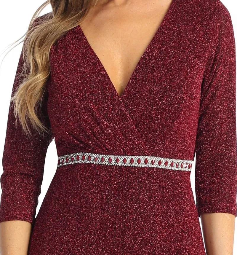 Celavie 6532-L Long Fitted Sheath Glitter Knit Dress V-Neckline