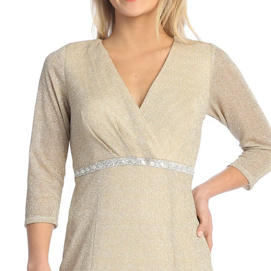 Celavie 6532-L Long Fitted Sheath Glitter Knit Dress V-Neckline
