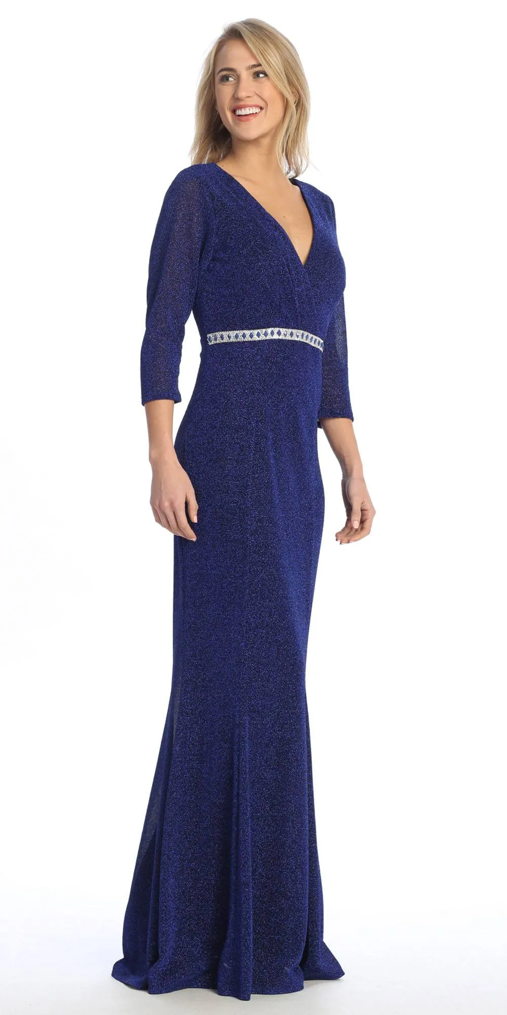 Celavie 6532-L Long Fitted Sheath Glitter Knit Dress V-Neckline