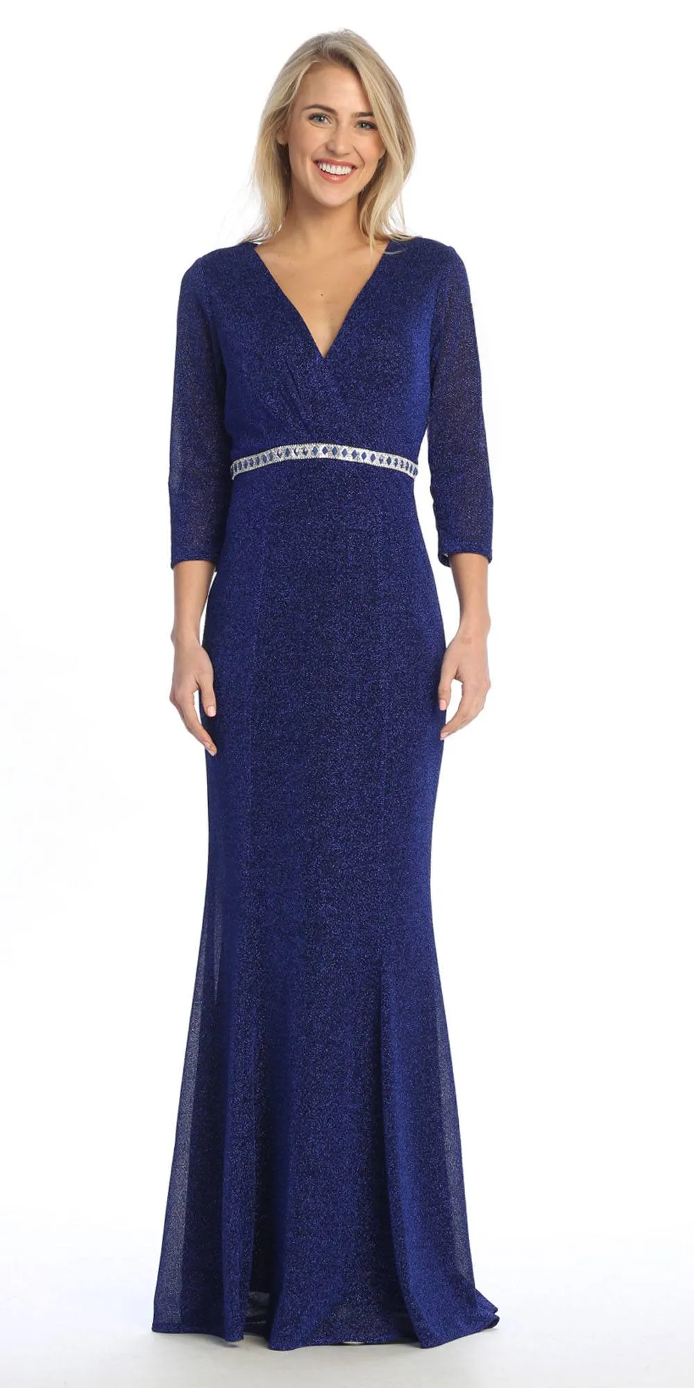 Celavie 6532-L Long Fitted Sheath Glitter Knit Dress V-Neckline
