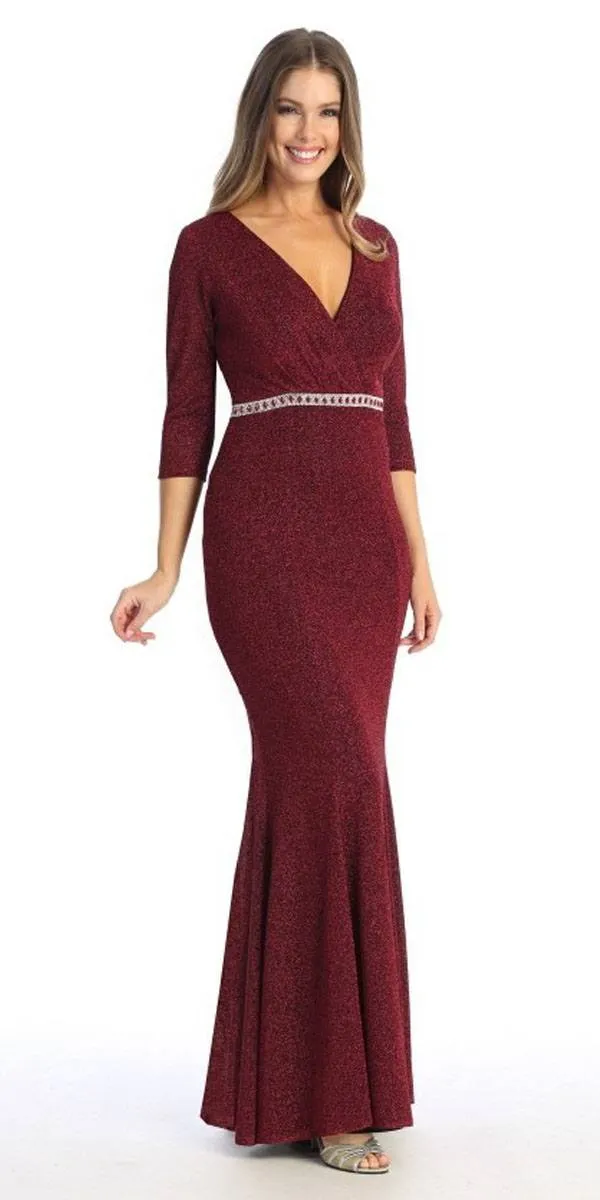 Celavie 6532-L Long Fitted Sheath Glitter Knit Dress V-Neckline