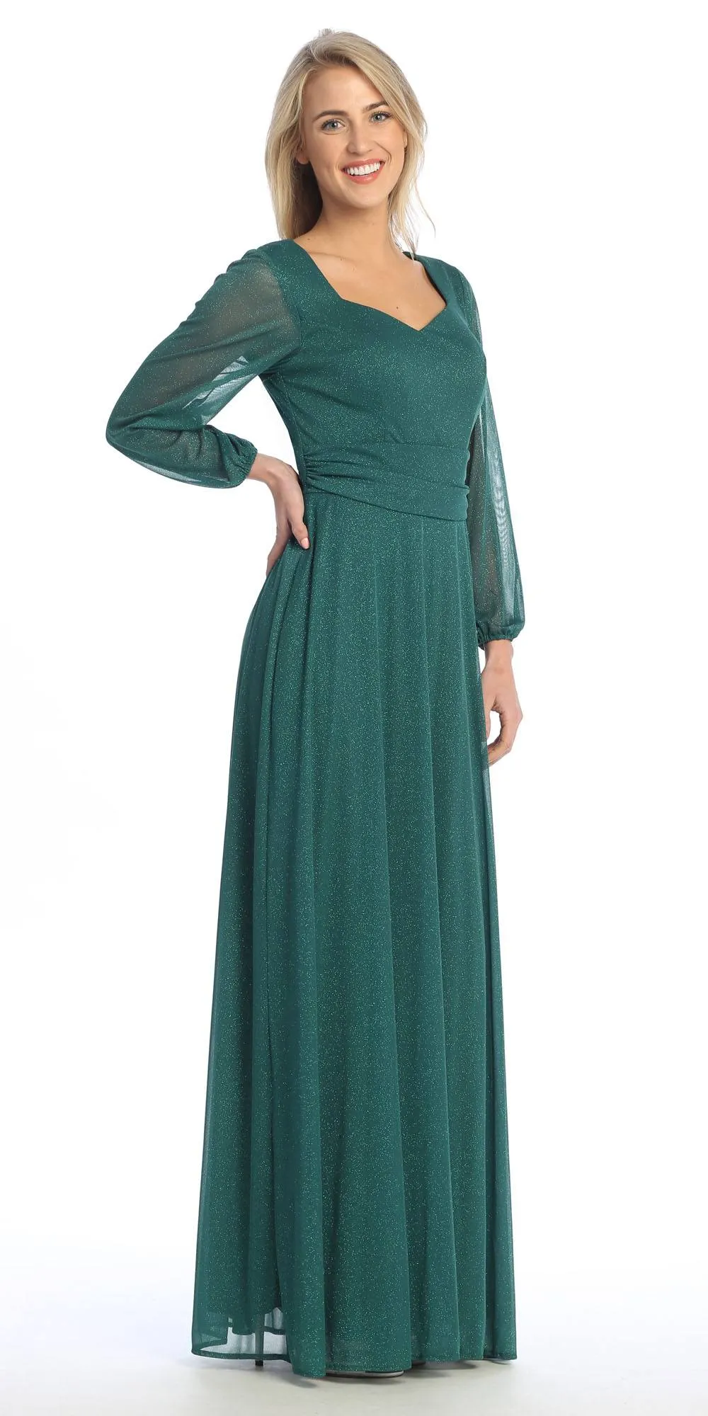 Celavie 6580-L Full-Length Long Sheer Sleeve Semi-Formal Gown
