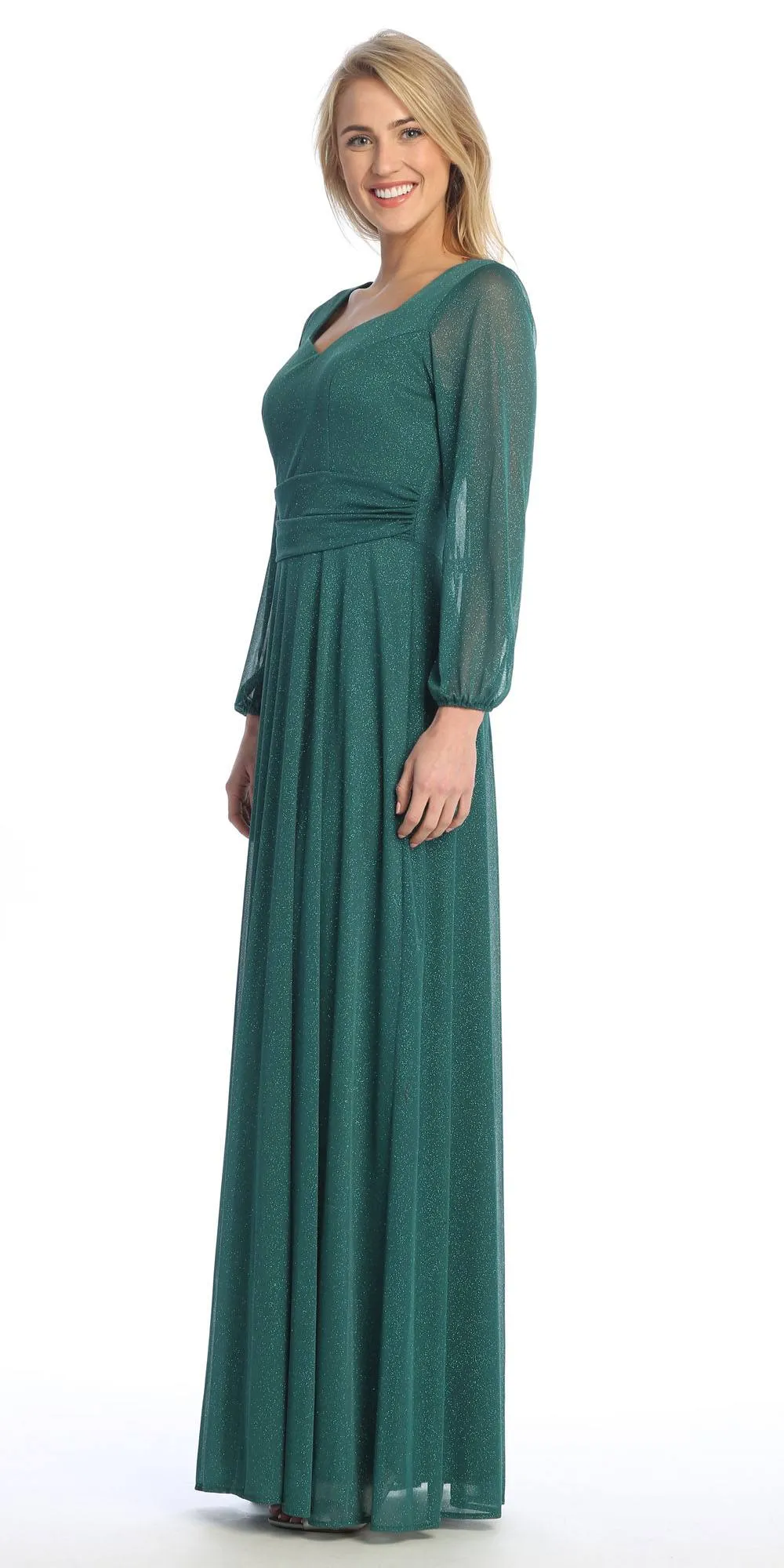 Celavie 6580-L Full-Length Long Sheer Sleeve Semi-Formal Gown