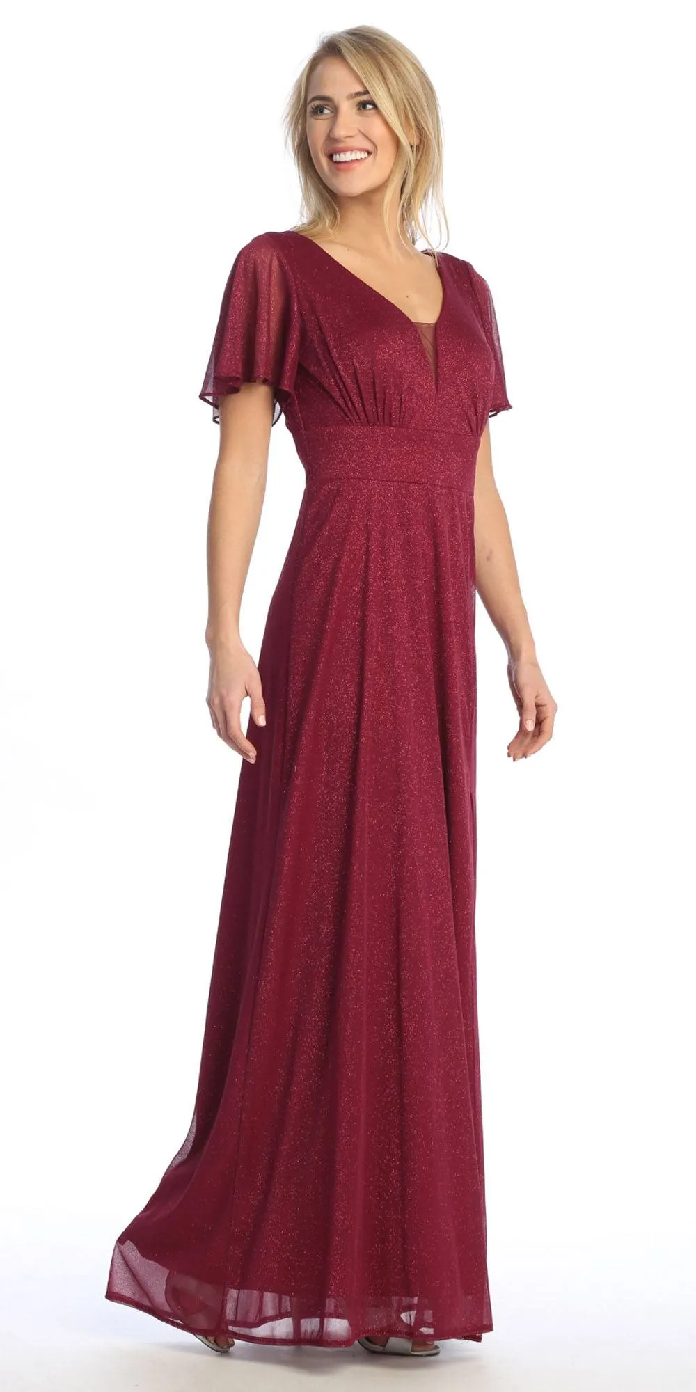 Celavie 6583-L Full Length A-Line Short Sleeve Dress with Slit