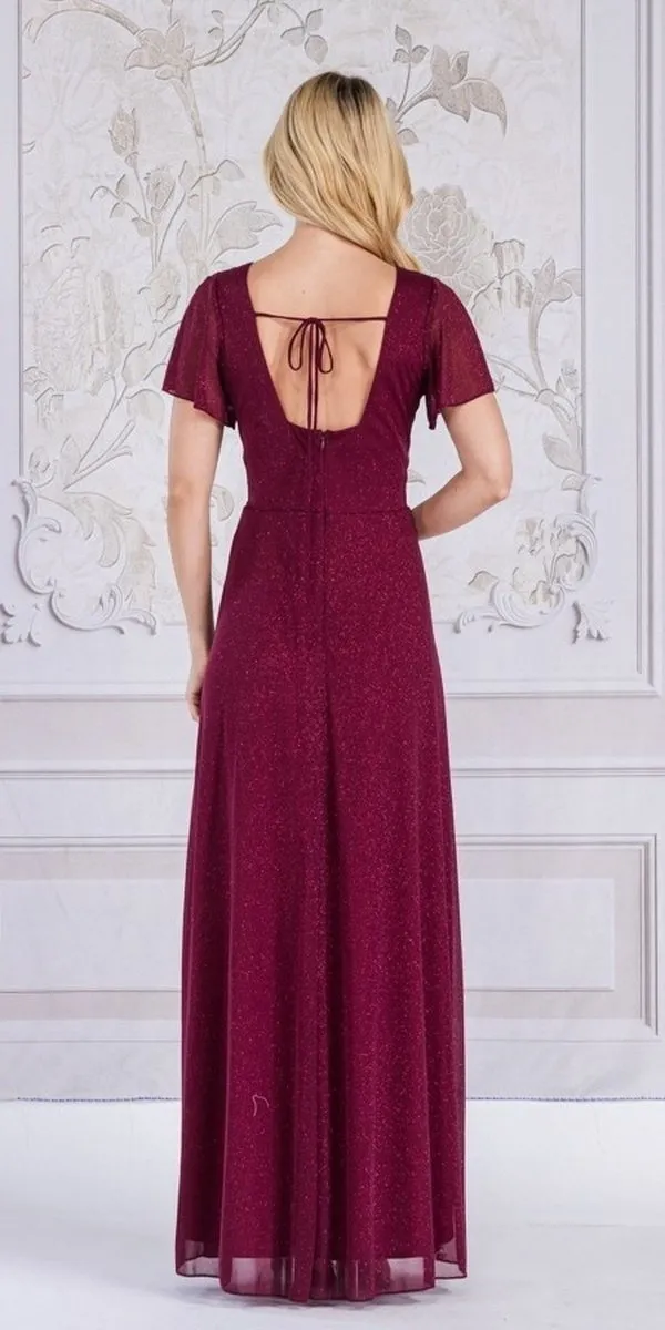 Celavie 6583-L Full Length A-Line Short Sleeve Dress with Slit