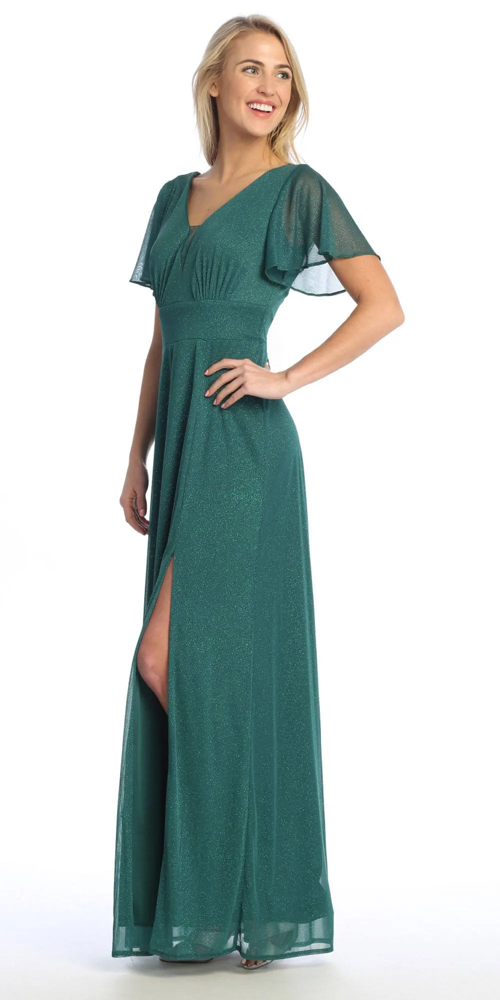 Celavie 6583-L Full Length A-Line Short Sleeve Dress with Slit