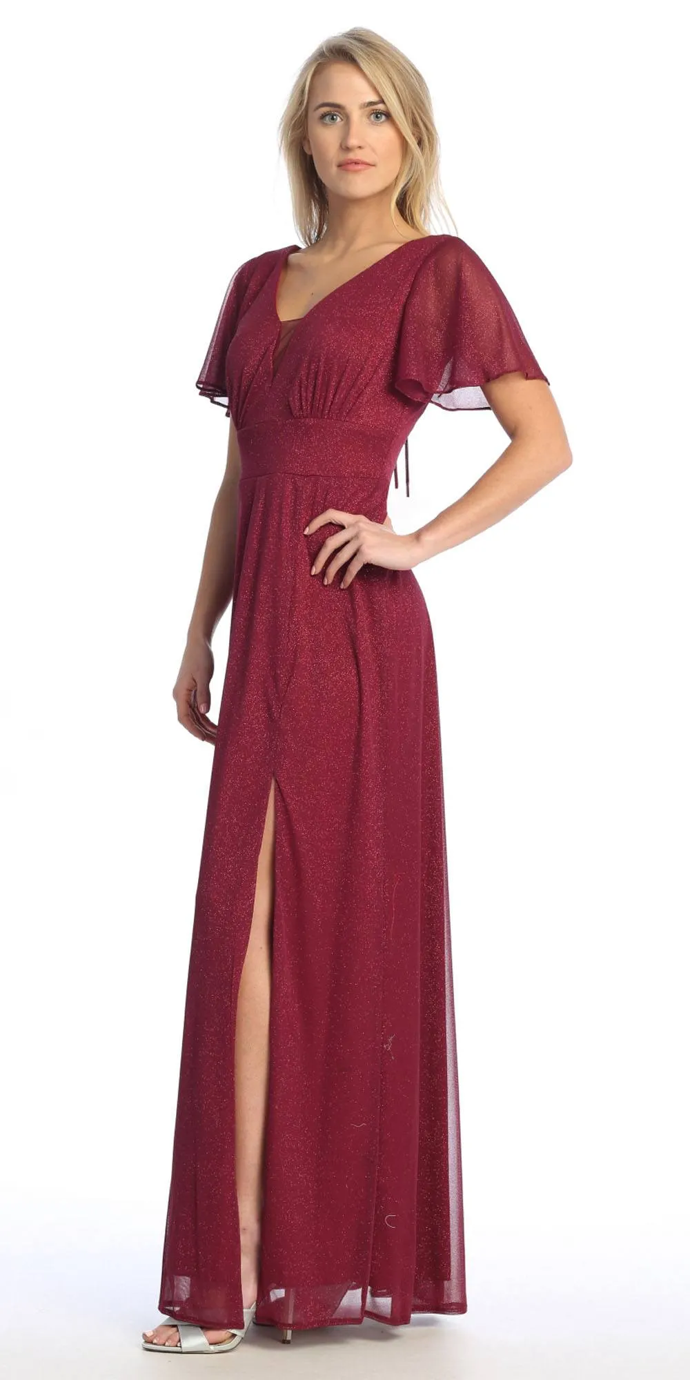 Celavie 6583-L Full Length A-Line Short Sleeve Dress with Slit