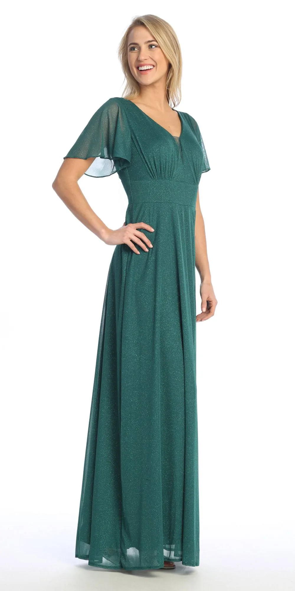 Celavie 6583-L Full Length A-Line Short Sleeve Dress with Slit