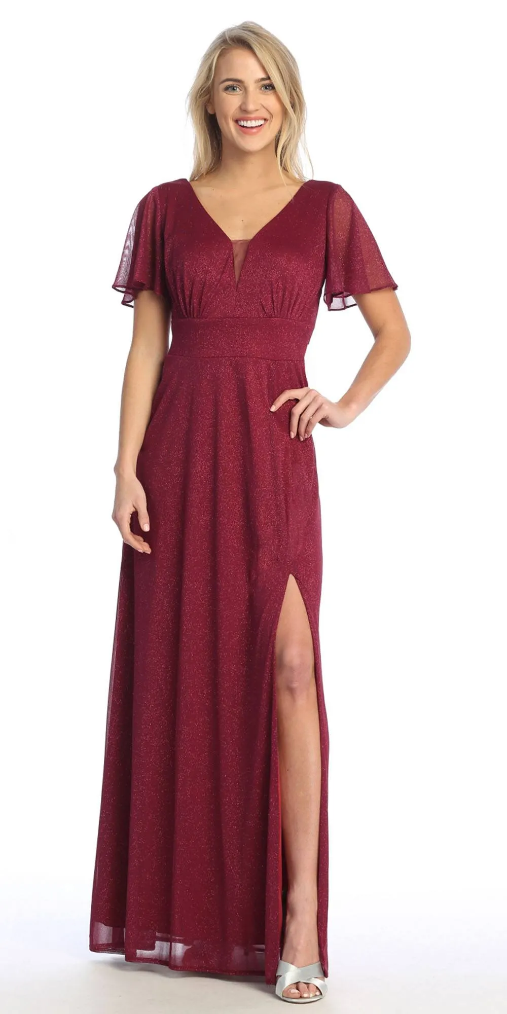 Celavie 6583-L Full Length A-Line Short Sleeve Dress with Slit