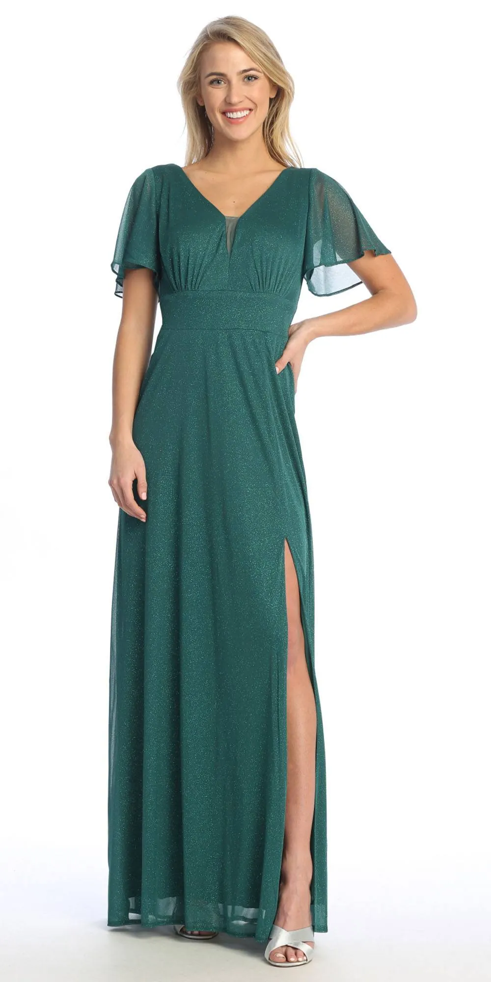 Celavie 6583-L Full Length A-Line Short Sleeve Dress with Slit