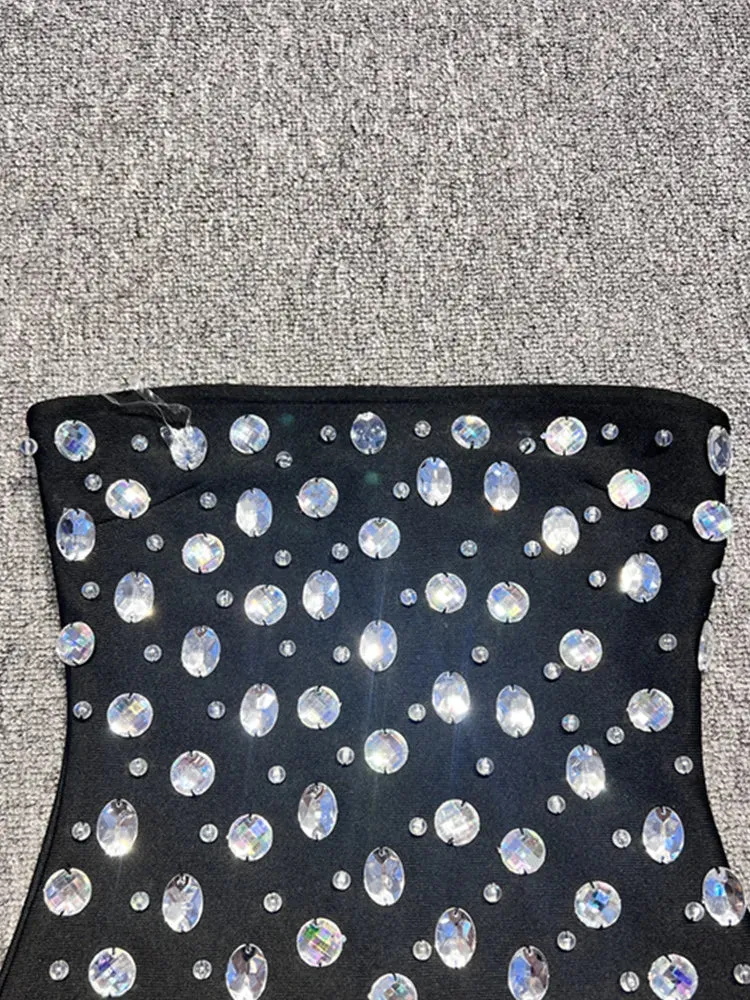Celebrity Sexy Strapless Backless Beading Crystal Black Mini Bodycon
