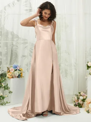 Champagne Satin Sweetheart Adjustable Straps Formal Gown With Pocket