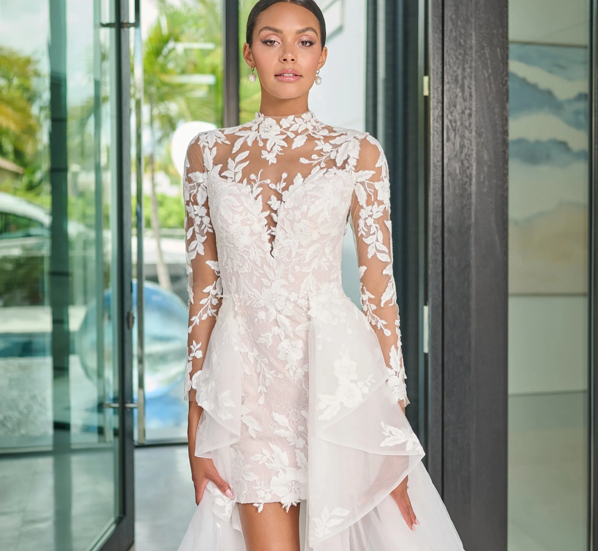 Chantilly Lace Short Dress with Detachable Tulle Overskirt in Ivory French Lilac Nude