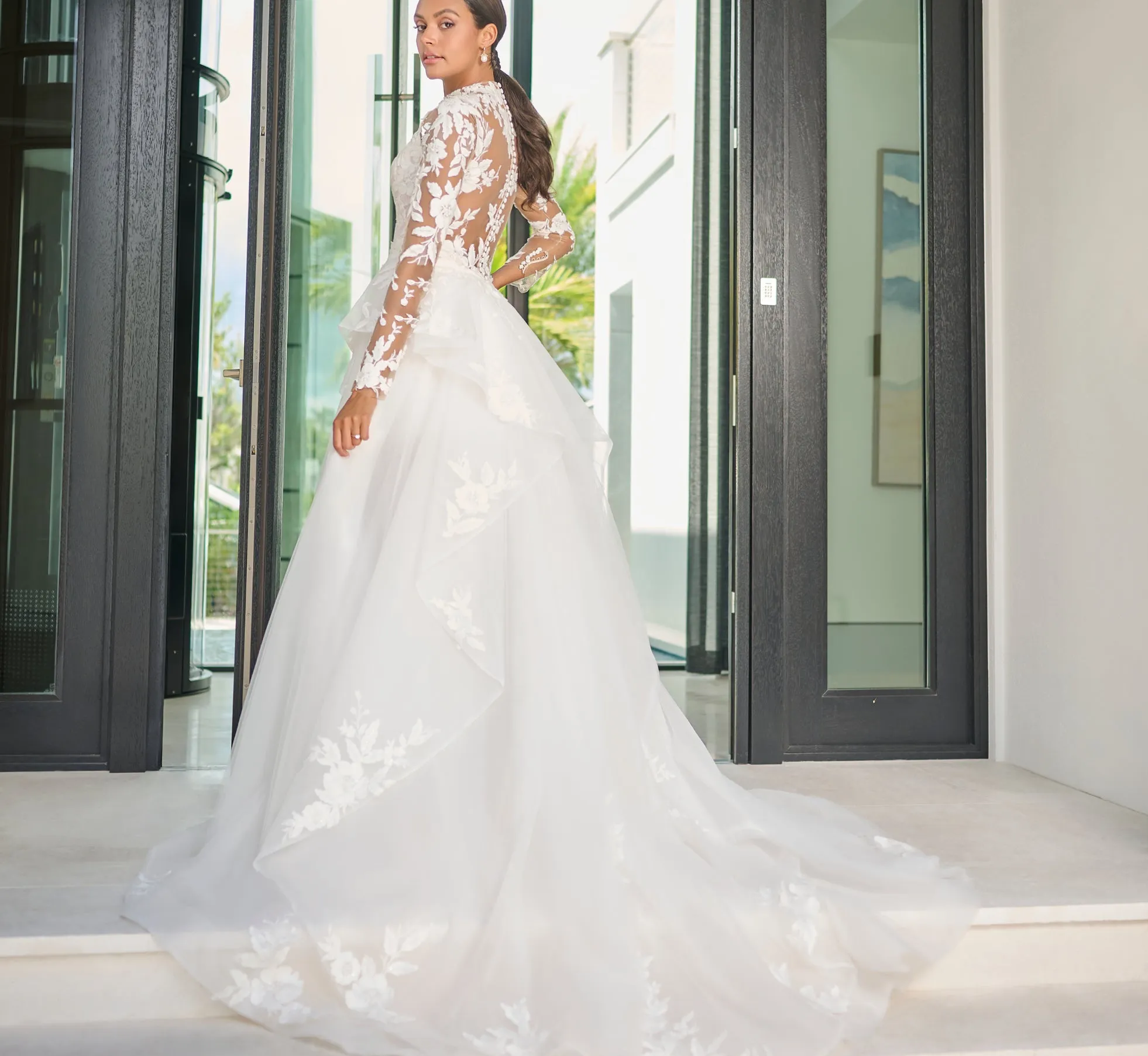 Chantilly Lace Short Dress with Detachable Tulle Overskirt in Ivory French Lilac Nude