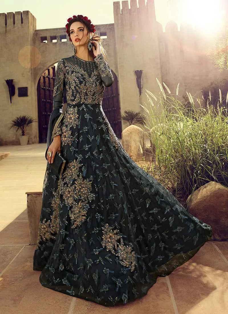 Charcol Grey Heavy Embroidered Gown Style Anarkali Suit