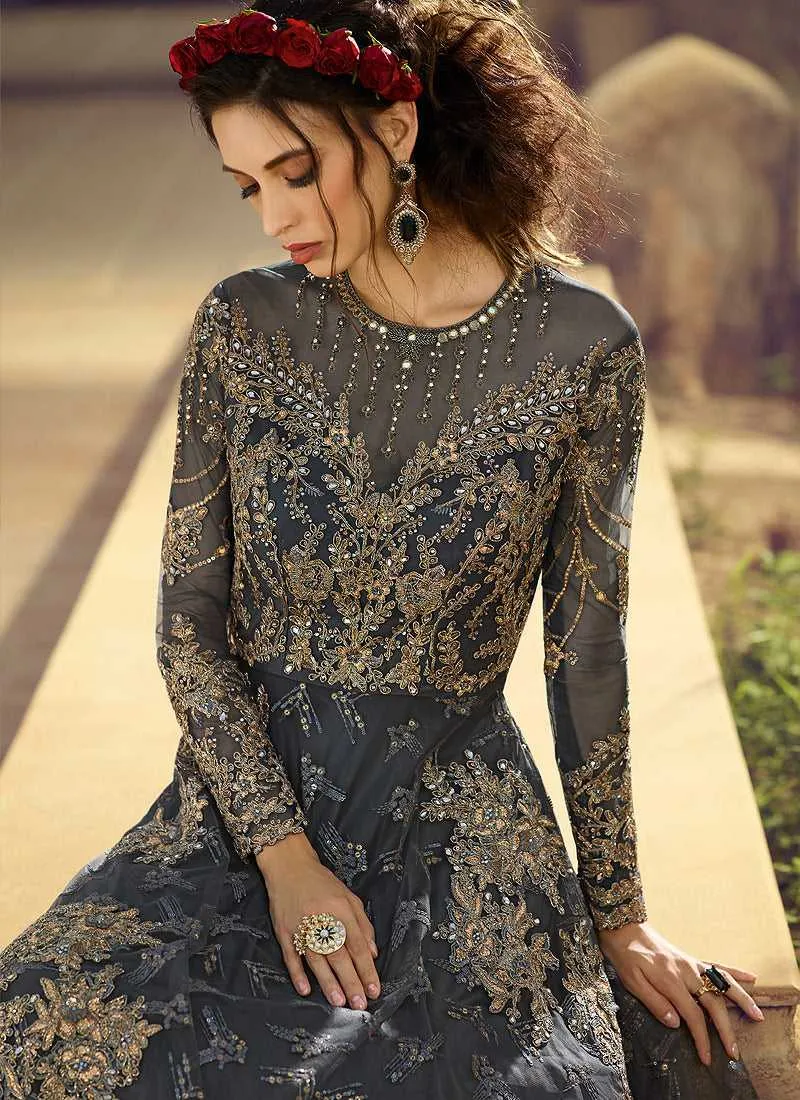 Charcol Grey Heavy Embroidered Gown Style Anarkali Suit