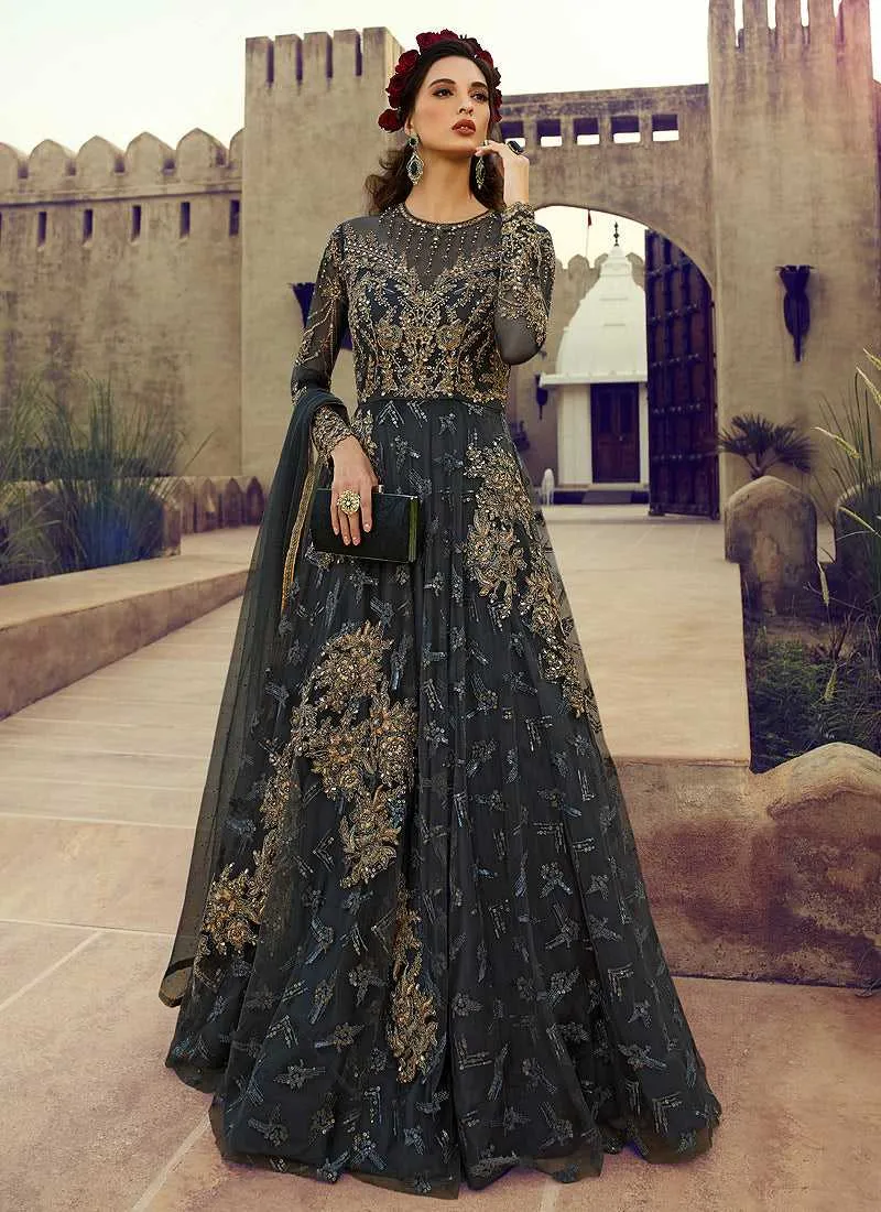 Charcol Grey Heavy Embroidered Gown Style Anarkali Suit