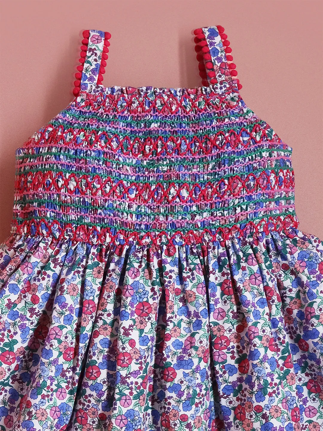 Cherry Crumble Multicolor Floral Printed 100% Cotton Sleeveless Square Neck Casual Wear Fit & Flare Smocking Embroidery & Lace Summer Dress For Girls