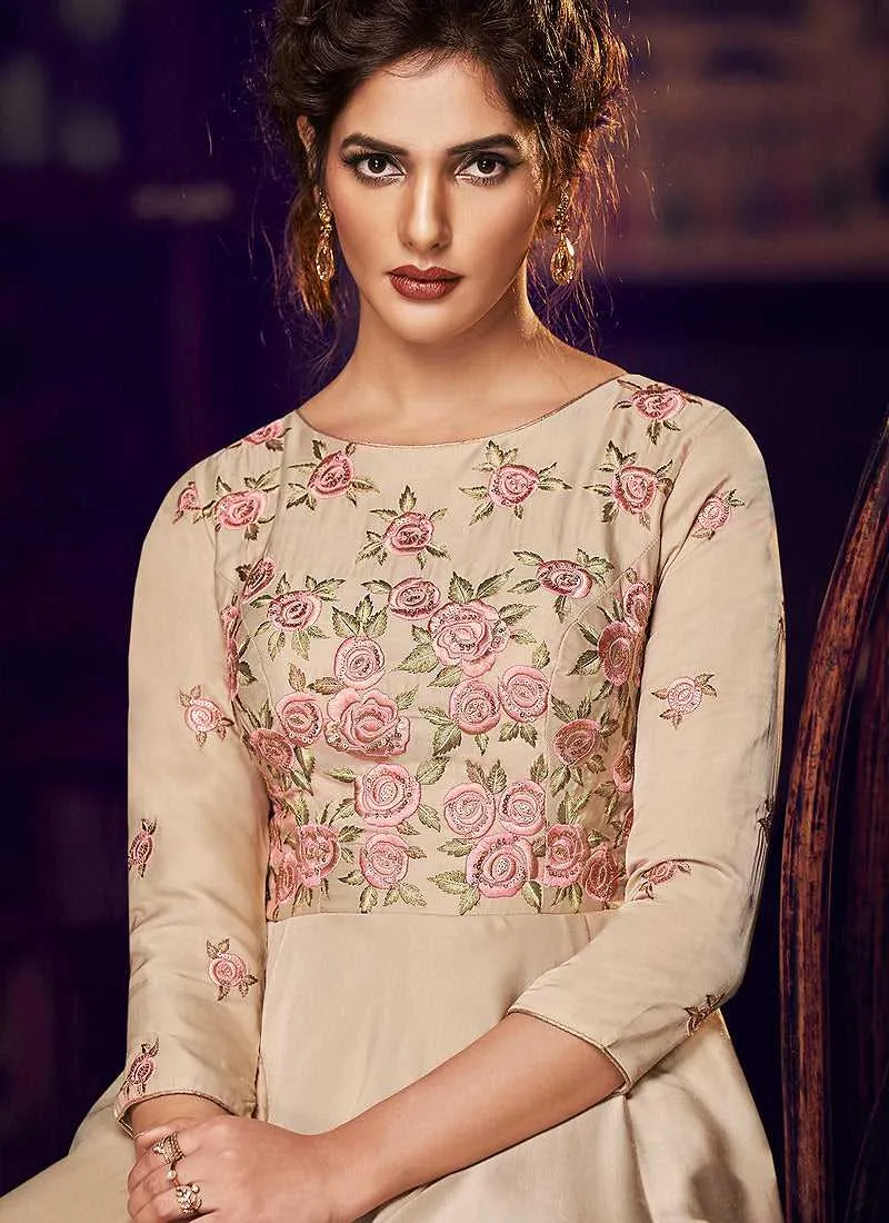 Chikoo Floral Embroidered Anarkali Style Gown