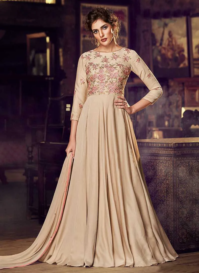 Chikoo Floral Embroidered Anarkali Style Gown