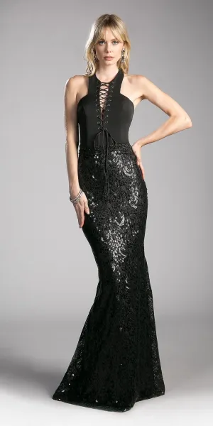 Cinderella Divine 62495 Halter Lace Up Bodice Sequins Gown Open Back