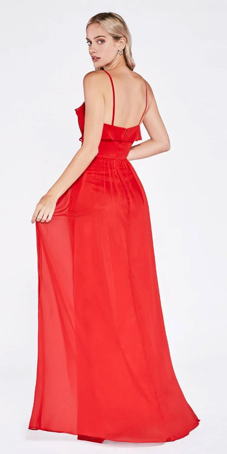 Cinderella Divine CH524 Chiffon Ruffled V-Neck A-Line Long Dress