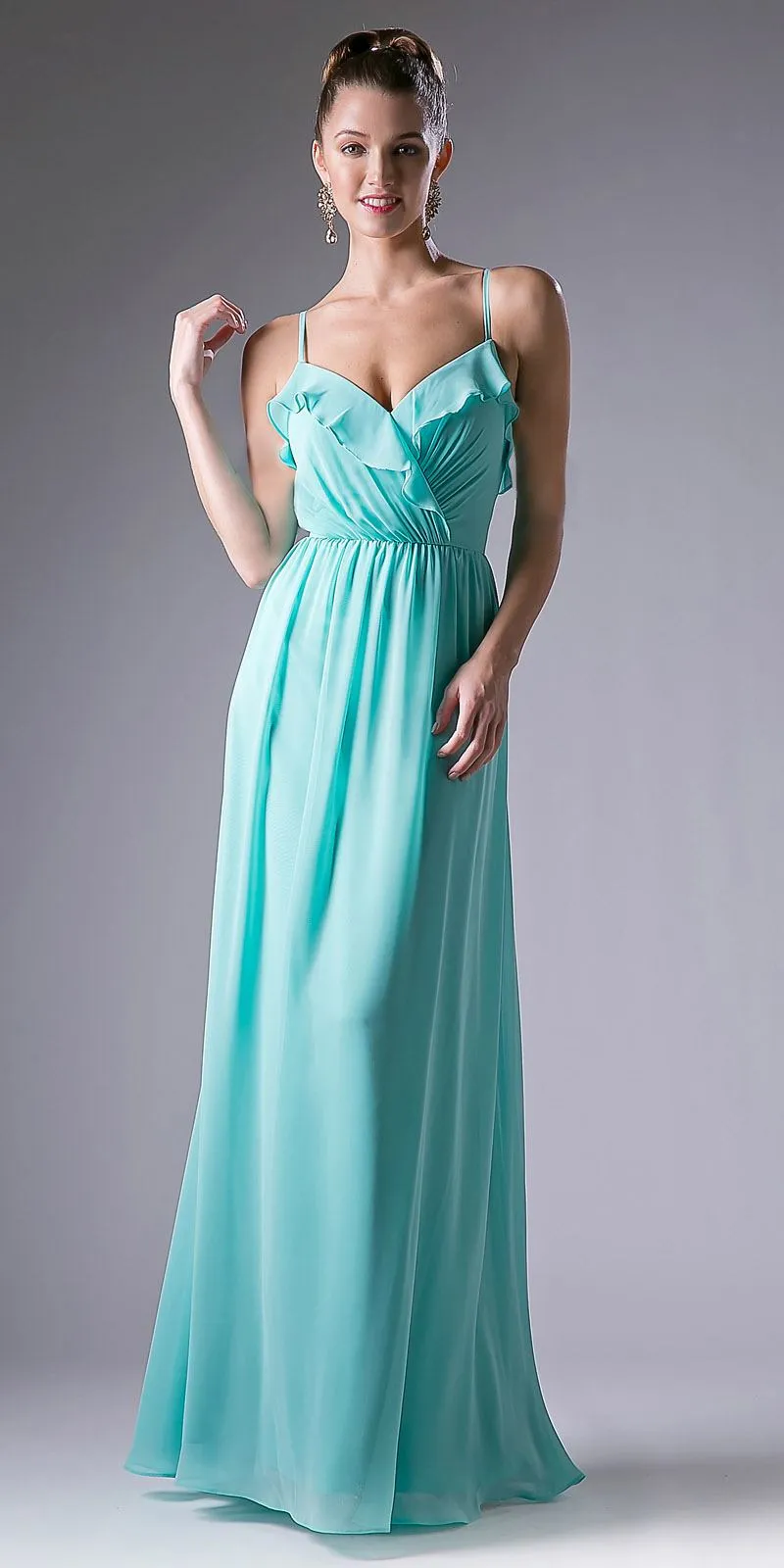 Cinderella Divine CH524 Chiffon Ruffled V-Neck A-Line Long Dress