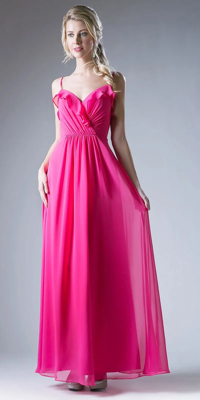 Cinderella Divine CH524 Chiffon Ruffled V-Neck A-Line Long Dress