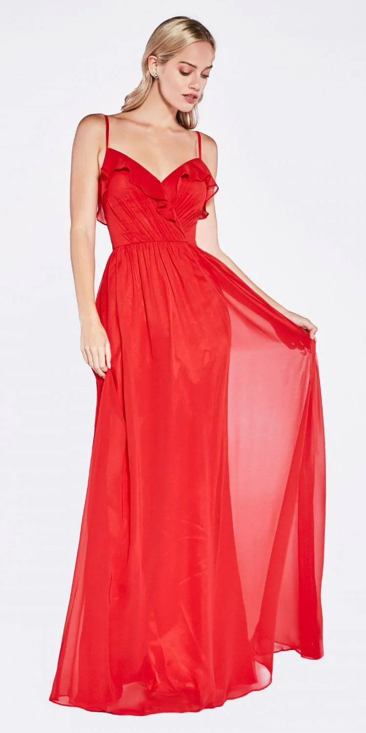 Cinderella Divine CH524 Chiffon Ruffled V-Neck A-Line Long Dress
