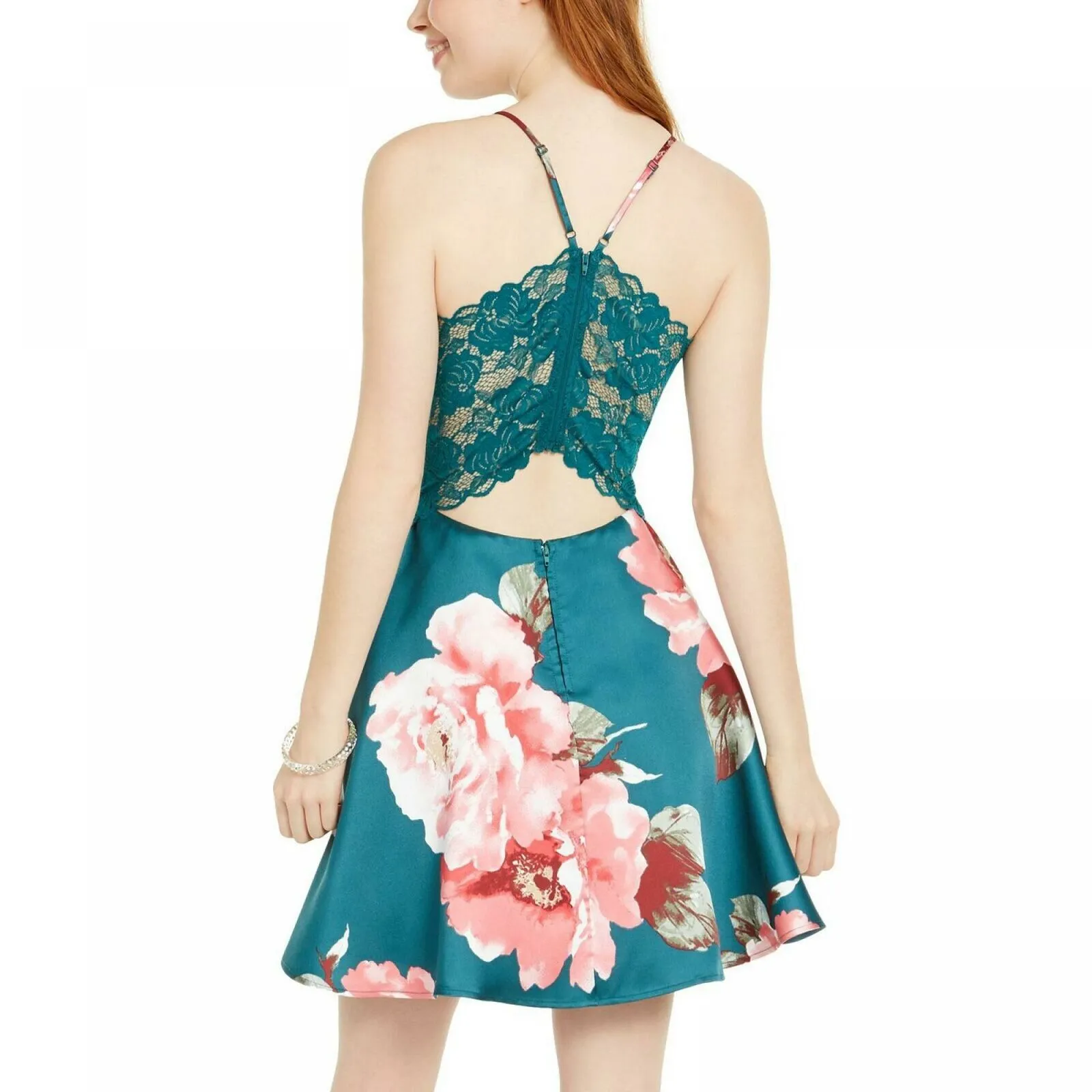 City Studio Women's Junior Fit Lace Back Floral Print Fit and Flare Dress