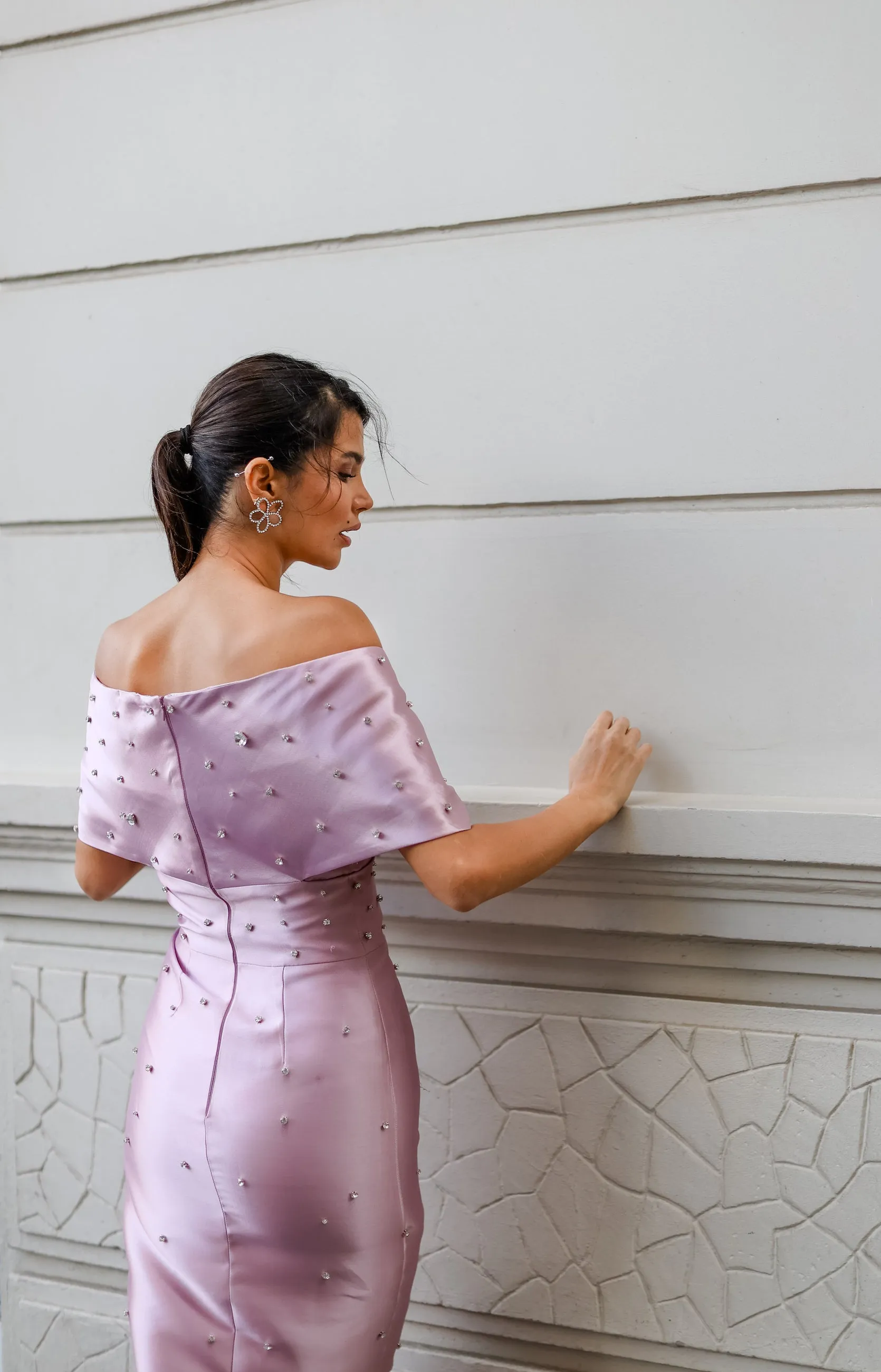 Claudia mikado column gown with hand sewn crystals