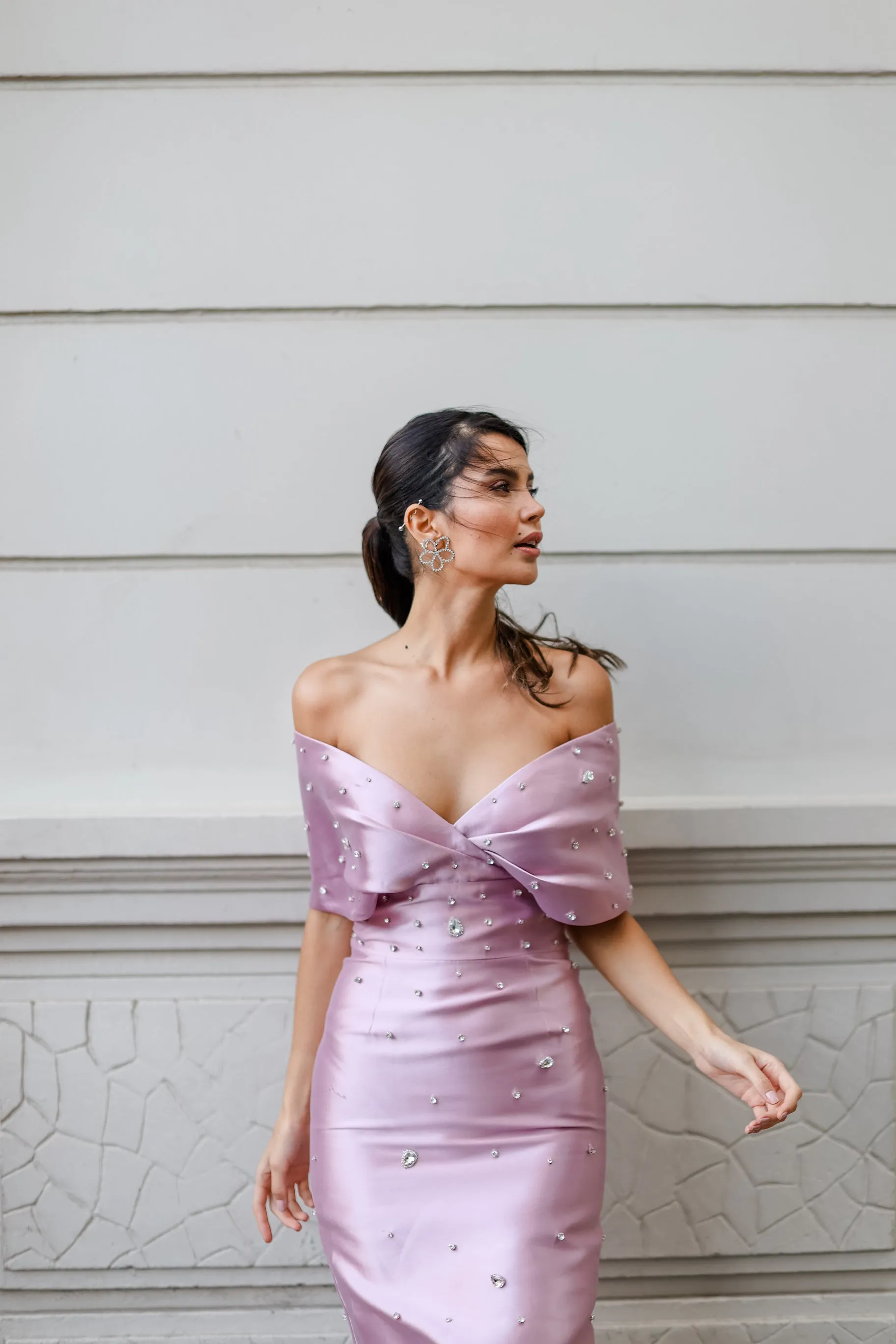 Claudia mikado column gown with hand sewn crystals