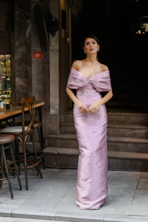 Claudia mikado column gown with hand sewn crystals