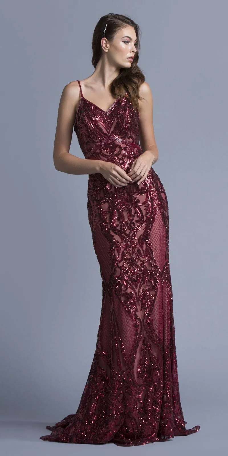 CLEARANCE - Aspeed L1982 Long Sequins Navy Blue Evening Gown V-Neck (Size XS)