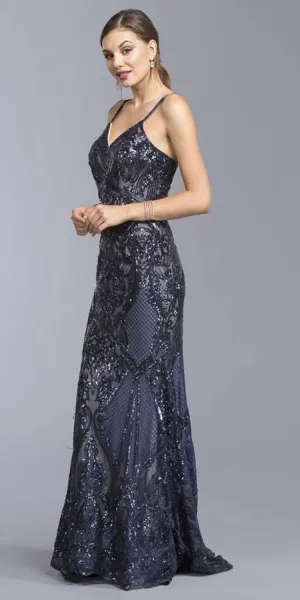 CLEARANCE - Aspeed L1982 Long Sequins Navy Blue Evening Gown V-Neck (Size XS)