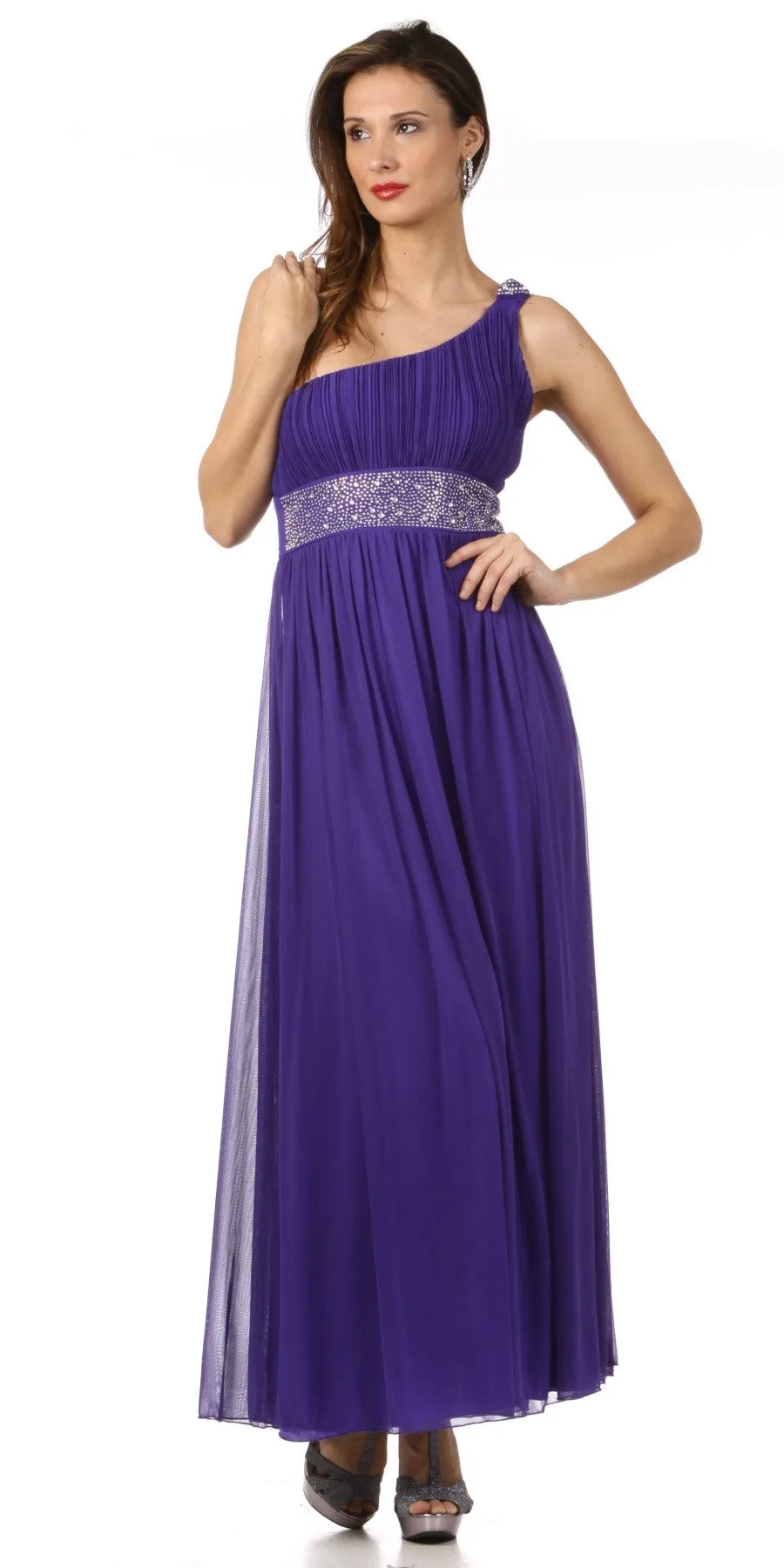 CLEARANCE - Celavie 2095L Long Black One Shoulder Gown Chiffon Empire (Size M)