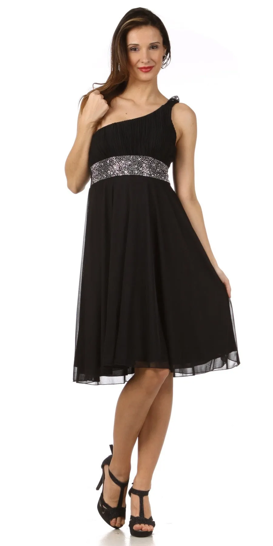 CLEARANCE - CELAVIE 2095S Black Knee Length Dress One Shoulder Includes Bolero Jacket (Size M)