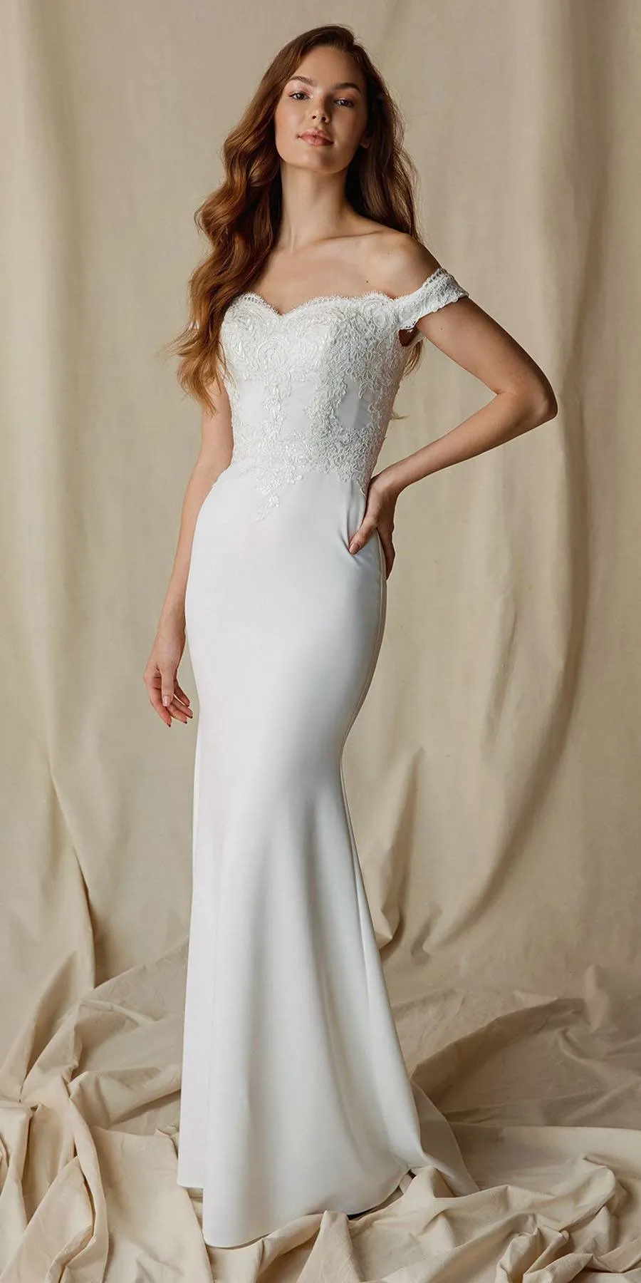 CLEARANCE - Eureka 7100 Lace Appliqued Bodice Long Dress Off-Shoulder (Size S)