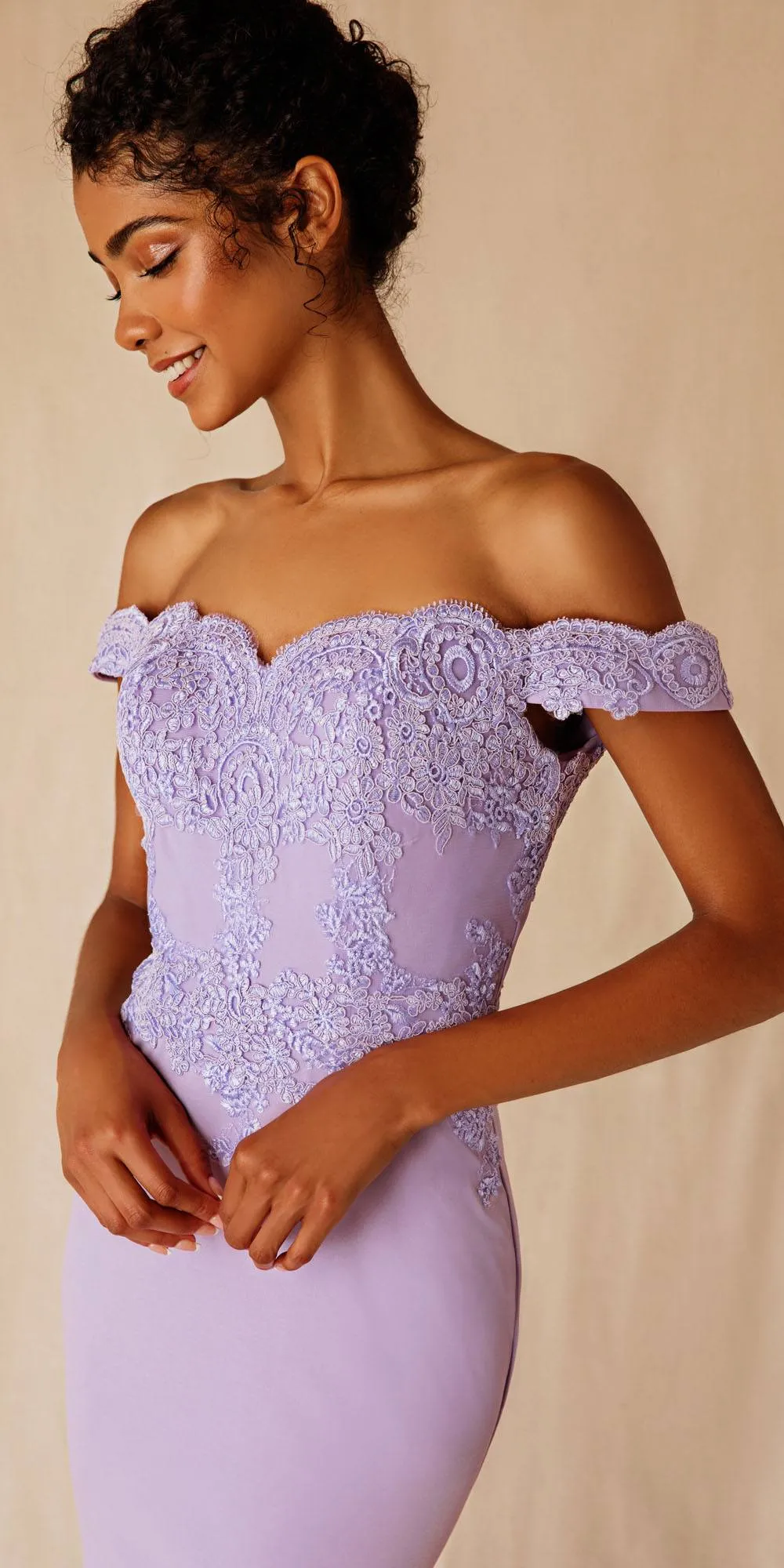 CLEARANCE - Eureka 7100 Lace Appliqued Bodice Long Dress Off-Shoulder (Size S)