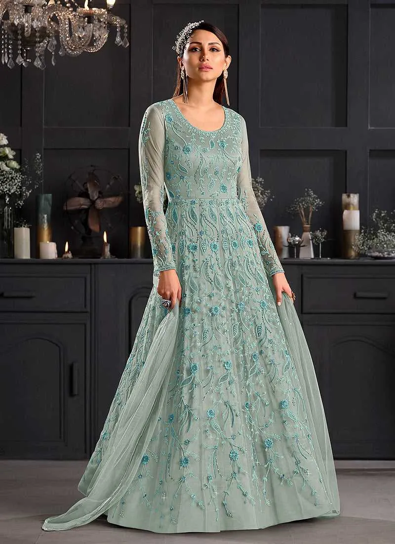Coral Blue Heavy Embroidered Kalidar Gown Style Anarkali
