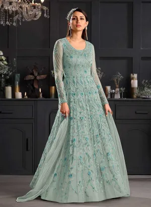 Coral Blue Heavy Embroidered Kalidar Gown Style Anarkali