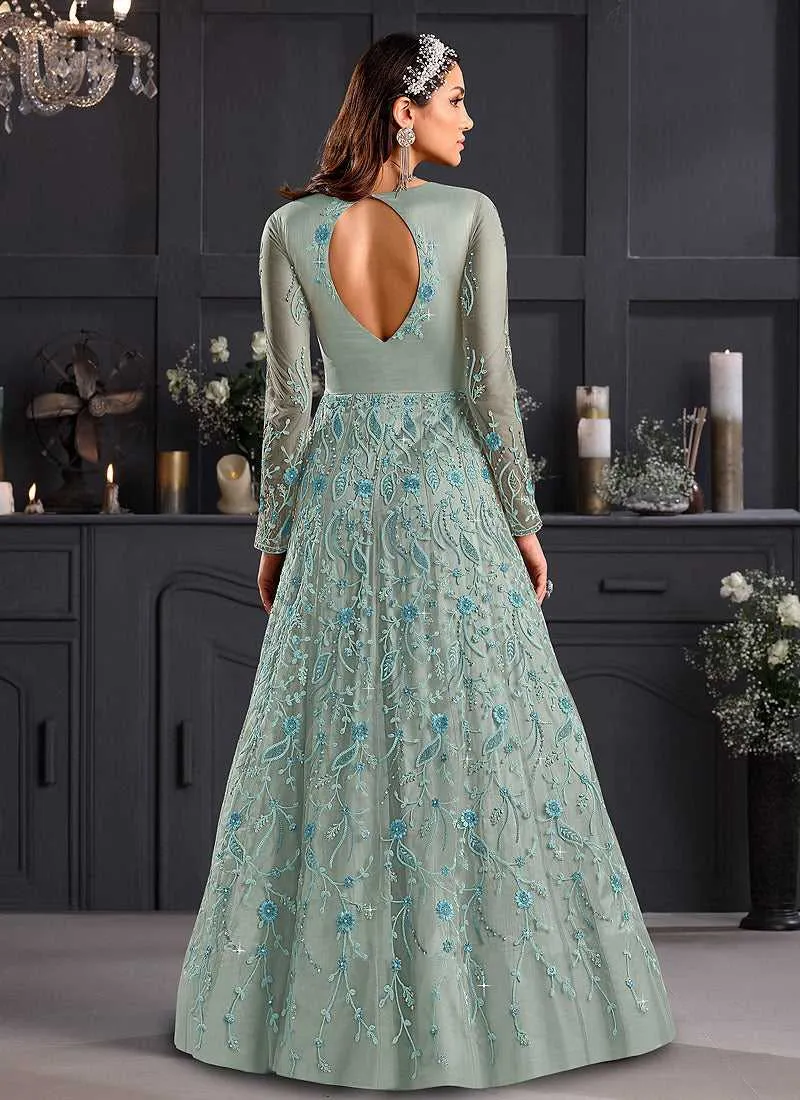 Coral Blue Heavy Embroidered Kalidar Gown Style Anarkali