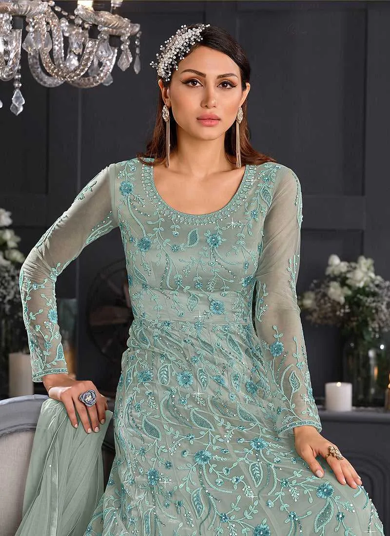 Coral Blue Heavy Embroidered Kalidar Gown Style Anarkali