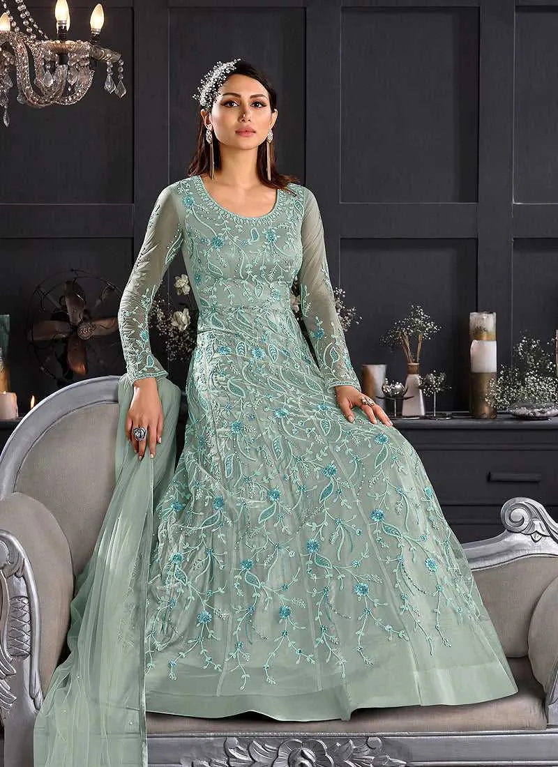Coral Blue Heavy Embroidered Kalidar Gown Style Anarkali