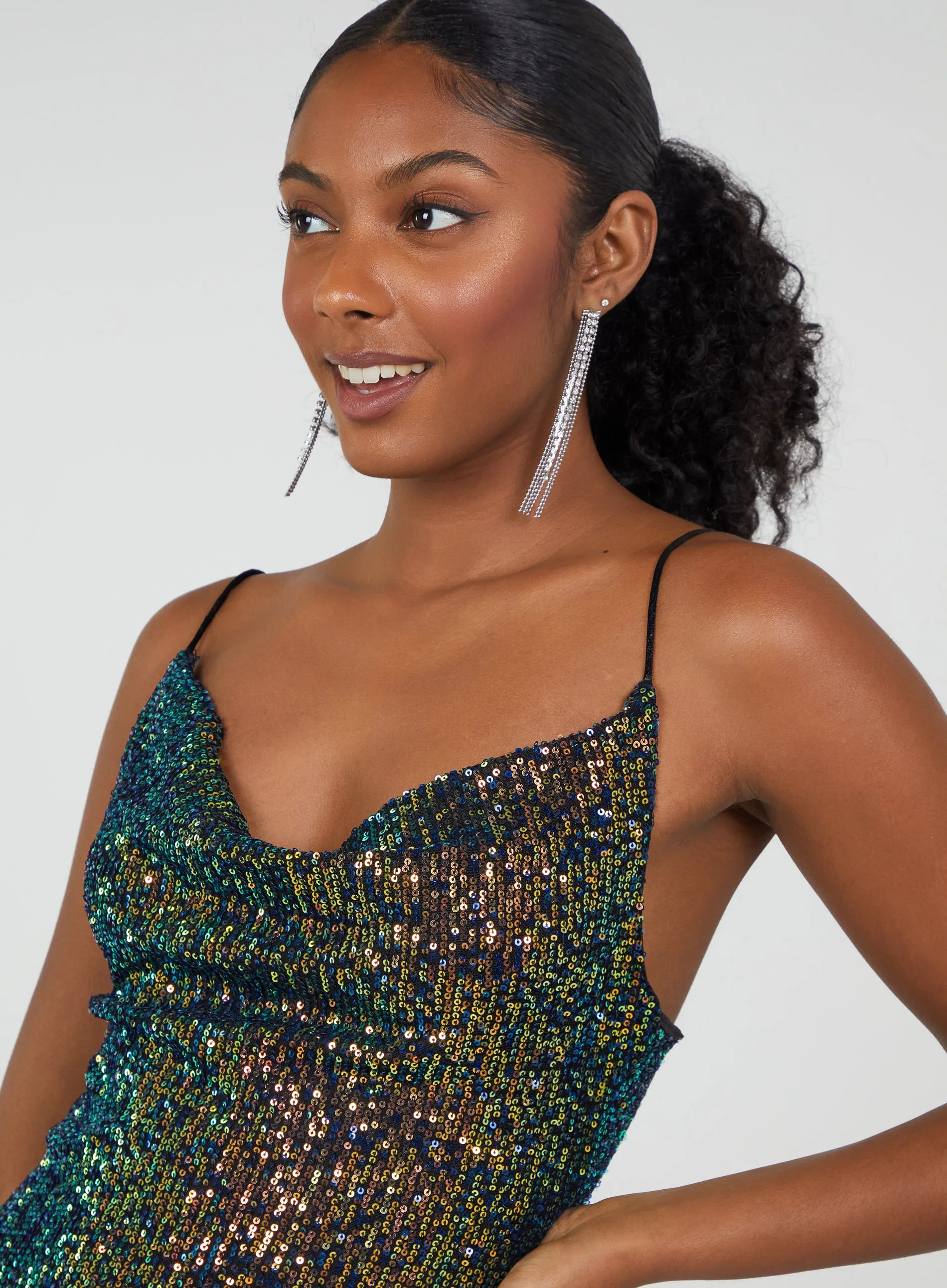 Cowl Neck Sequin Mini Dress